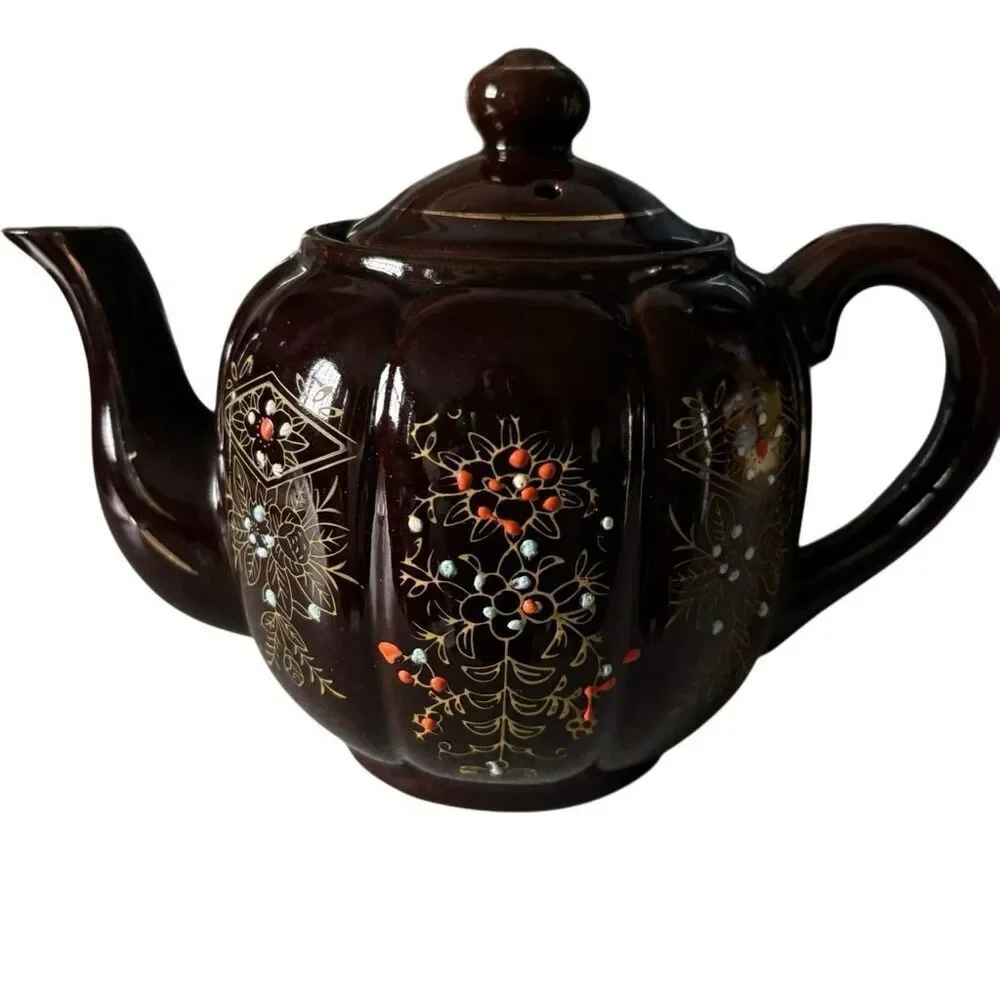 Japanese Vintage Brown Betty Redware Brown Glazed Hand Painted Teapot